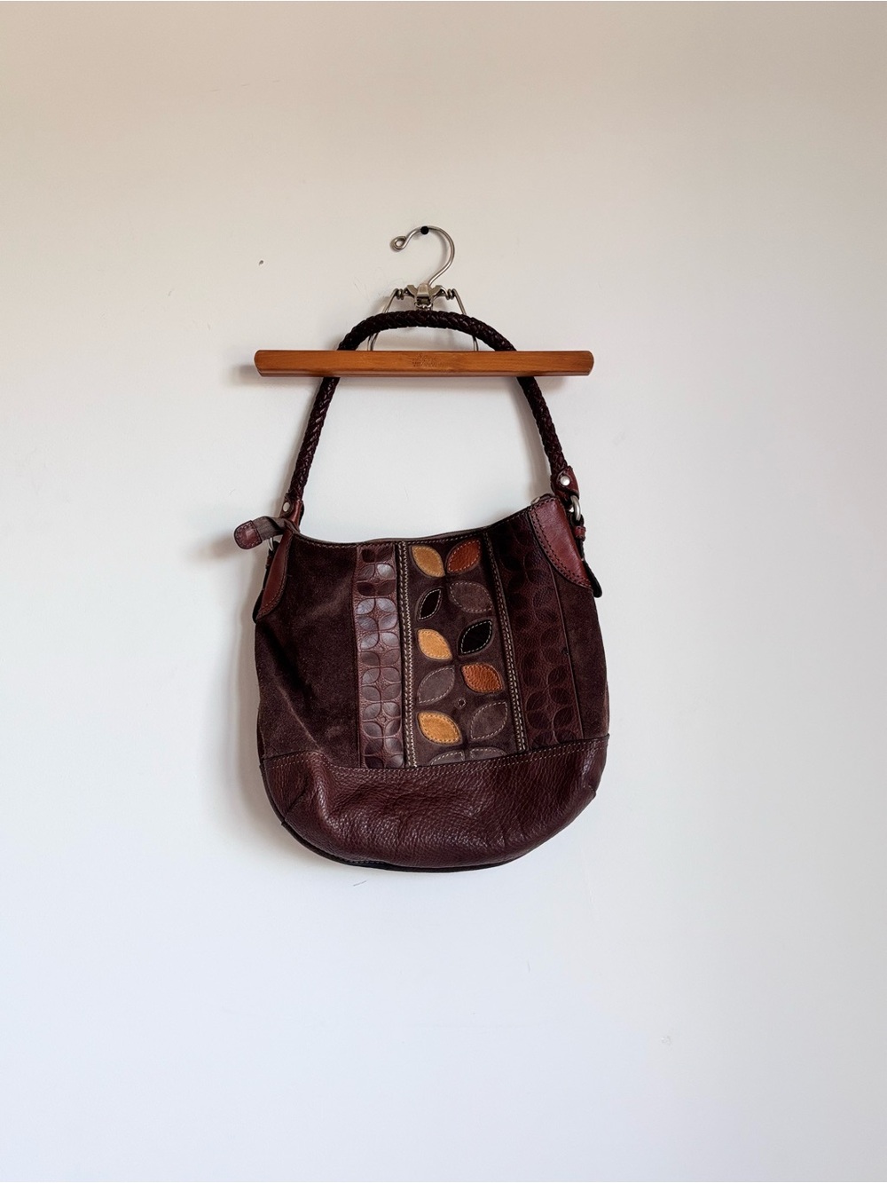 fossil brown leather suede patchwork leaf hobo shoulder bag